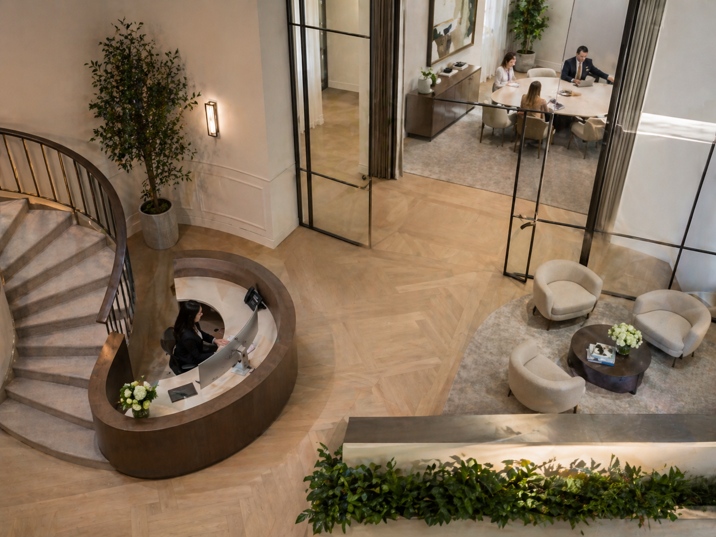 Aerial view of an elegant corporate office and meeting space